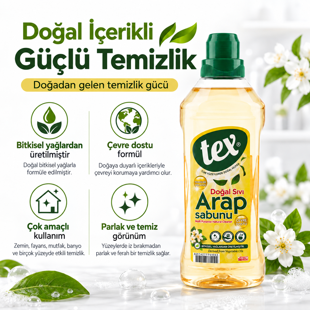 Tex Doğal Sıvı Arap Sabunu – Cam Kazıyıcı ve Temizleme Süngeri Hediyeli
